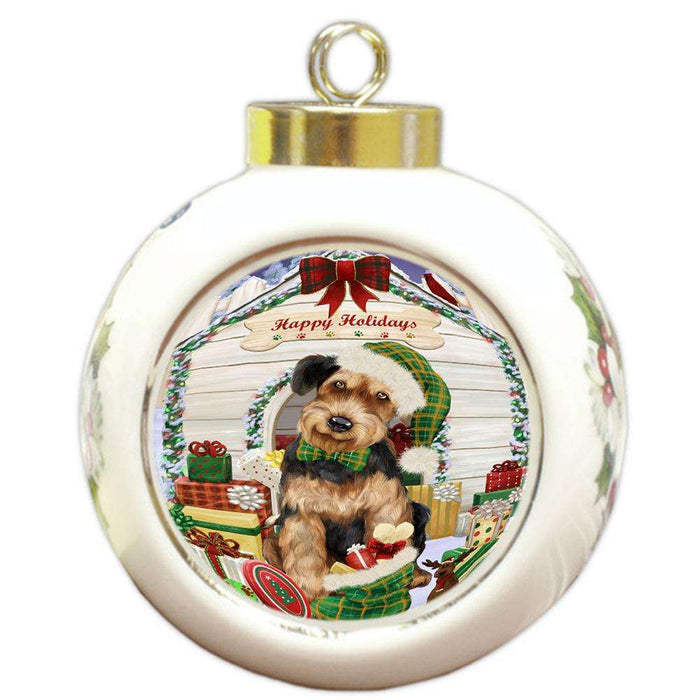 Happy Holidays Christmas Airedale Terrier Dog House with Presents Round Ball Christmas Ornament RBPOR51296