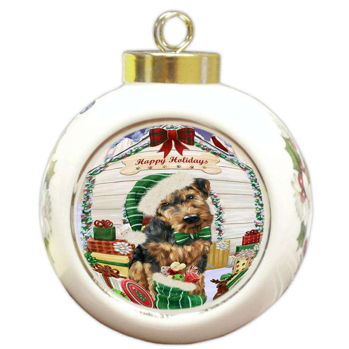 Happy Holidays Christmas Airedale Terrier Dog House with Presents Round Ball Christmas Ornament RBPOR51297