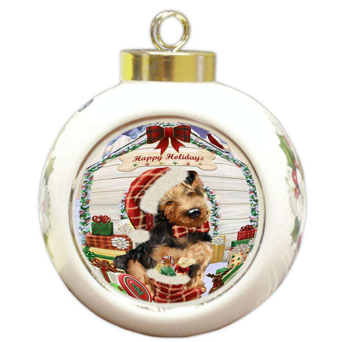 Happy Holidays Christmas Airedale Terrier Dog House with Presents Round Ball Christmas Ornament RBPOR51298