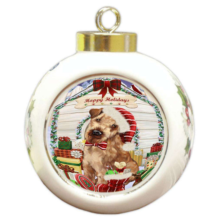 Happy Holidays Christmas Airedale Terrier Dog House with Presents Round Ball Christmas Ornament RBPOR51299
