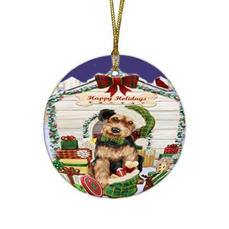 Happy Holidays Christmas Airedale Terrier Dog House with Presents Round Flat Christmas Ornament RFPOR51287
