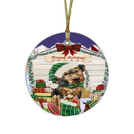 Happy Holidays Christmas Airedale Terrier Dog House with Presents Round Flat Christmas Ornament RFPOR51288