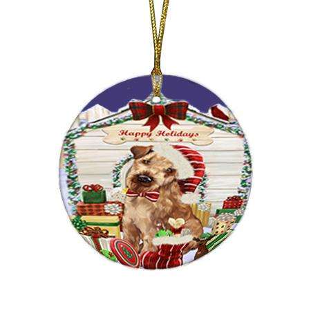 Happy Holidays Christmas Airedale Terrier Dog House with Presents Round Flat Christmas Ornament RFPOR51290