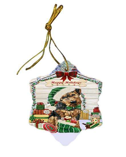 Happy Holidays Christmas Airedale Terrier Dog House with Presents Star Porcelain Ornament SPOR51289