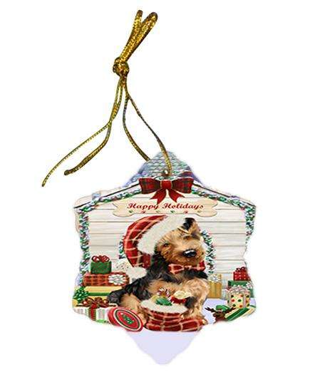 Happy Holidays Christmas Airedale Terrier Dog House with Presents Star Porcelain Ornament SPOR51290