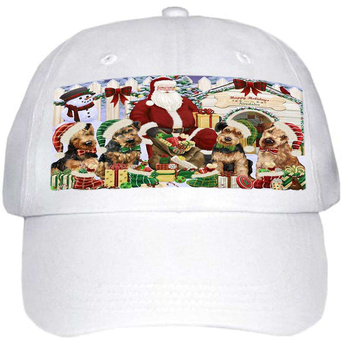 Happy Holidays Christmas Airedale Terriers Dog House Gathering Ball Hat Cap HAT57540