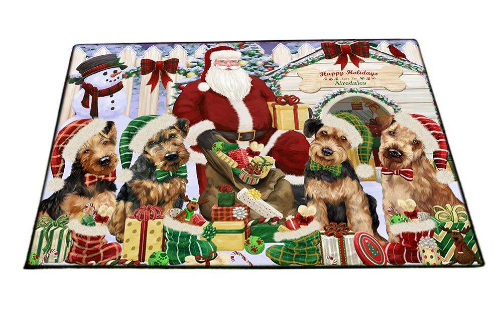 Happy Holidays Christmas Airedale Terriers Dog House Gathering Floormat FLMS51018