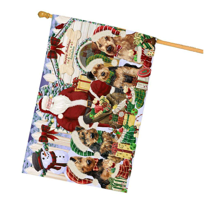 Happy Holidays Christmas Airedale Terriers Dog House Gathering House Flag FLG51327