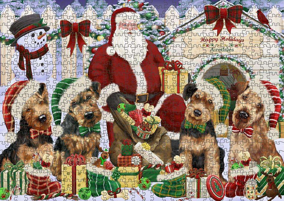Happy Holidays Christmas Airedale Terriers Dog House Gathering Puzzle with Photo Tin PUZL57669