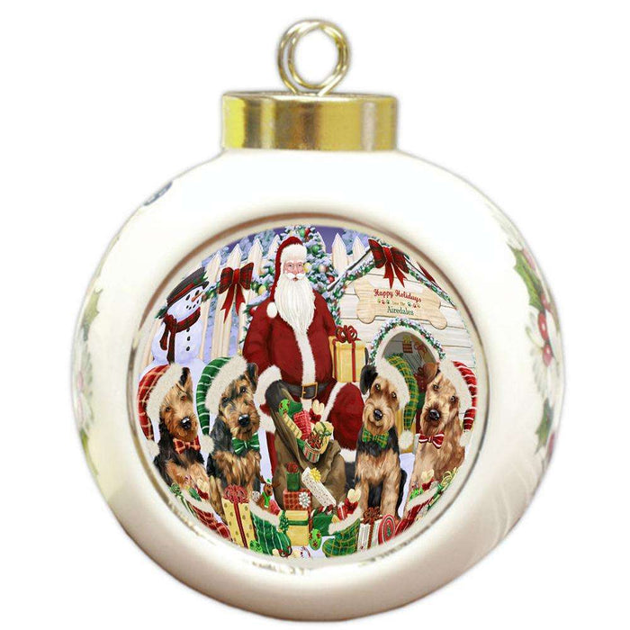 Happy Holidays Christmas Airedale Terriers Dog House Gathering Round Ball Christmas Ornament RBPOR51269