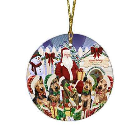 Happy Holidays Christmas Airedale Terriers Dog House Gathering Round Flat Christmas Ornament RFPOR51260