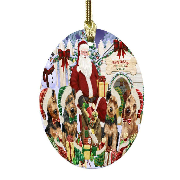 Happy Holidays Christmas Airedales Dog House Gathering Oval Glass Christmas Ornament OGOR49672