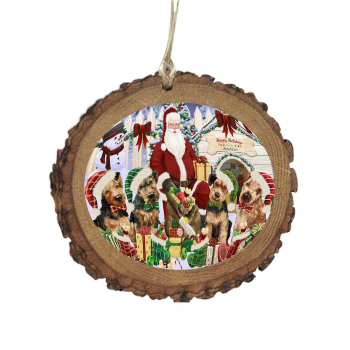 Happy Holidays Christmas Airedales Dog House Gathering Wooden Christmas Ornament WOR49672