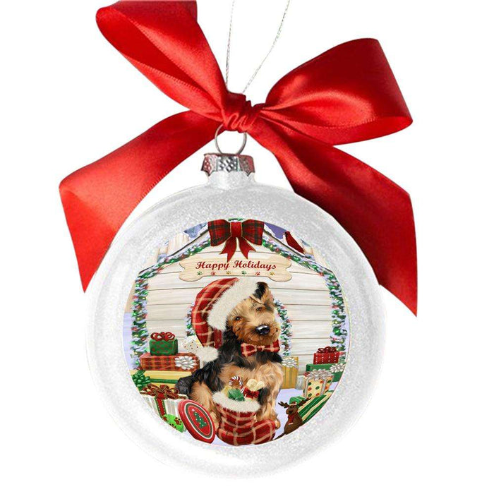 Happy Holidays Christmas AiWhiteale House With Presents White Round Ball Christmas Ornament WBSOR49744