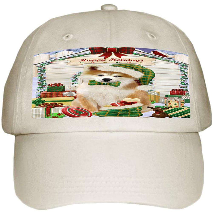 Happy Holidays Christmas Akita Dog With Presents Ball Hat Cap HAT61590