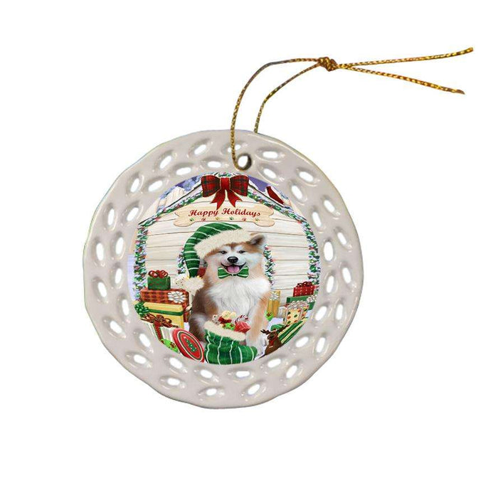 Happy Holidays Christmas Akita Dog With Presents Ceramic Doily Ornament DPOR52618