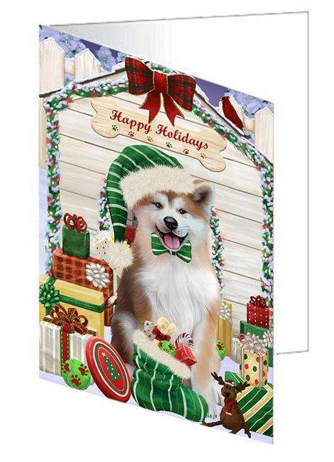 Happy Holidays Christmas Akita Dog With Presents Handmade Artwork Assorted Pets Greeting Cards and Note Cards with Envelopes for All Occasions and Holiday Seasons GCD61883