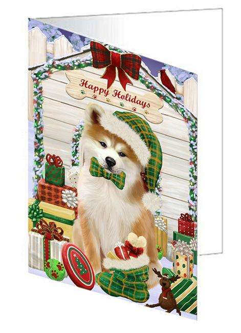 Happy Holidays Christmas Akita Dog With Presents Handmade Artwork Assorted Pets Greeting Cards and Note Cards with Envelopes for All Occasions and Holiday Seasons GCD61886
