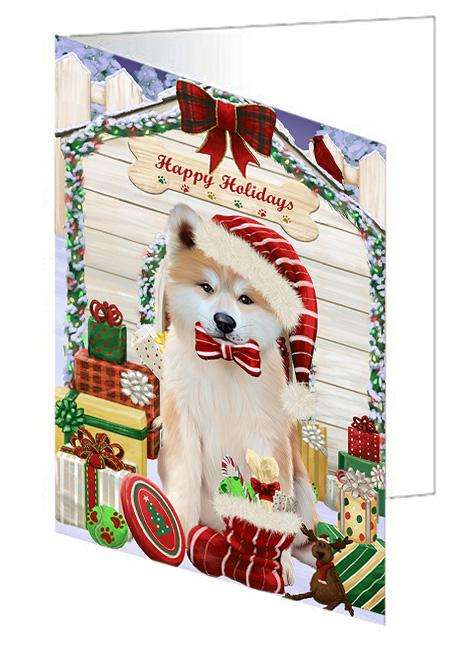 Happy Holidays Christmas Akita Dog With Presents Handmade Artwork Assorted Pets Greeting Cards and Note Cards with Envelopes for All Occasions and Holiday Seasons GCD61889
