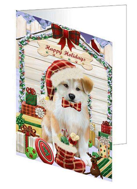 Happy Holidays Christmas Akita Dog With Presents Handmade Artwork Assorted Pets Greeting Cards and Note Cards with Envelopes for All Occasions and Holiday Seasons GCD61892