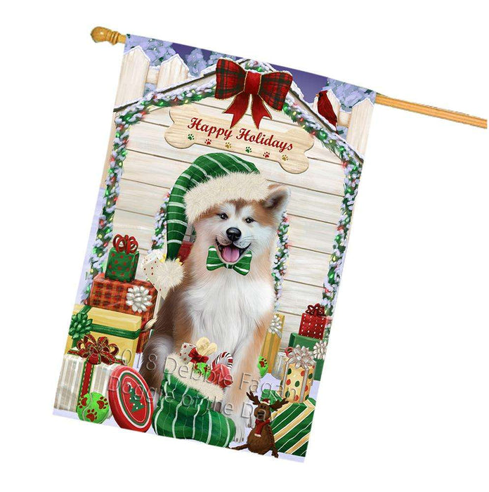 Happy Holidays Christmas Akita Dog With Presents House Flag FLG52699