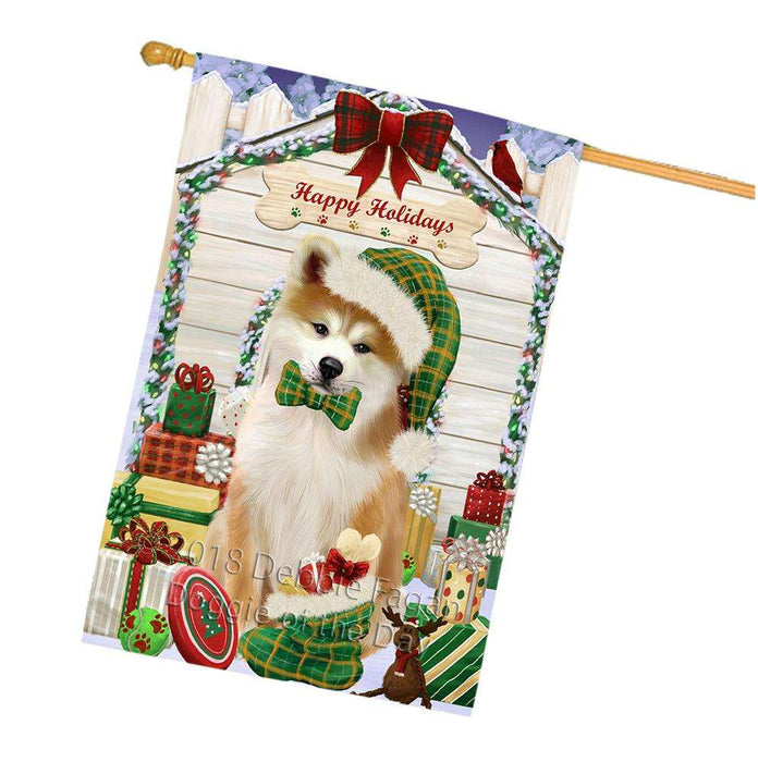 Happy Holidays Christmas Akita Dog With Presents House Flag FLG52700