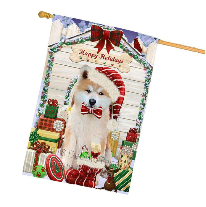 Happy Holidays Christmas Akita Dog With Presents House Flag FLG52701