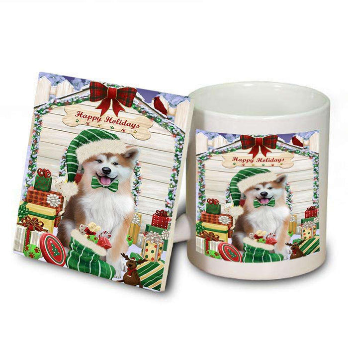 Happy Holidays Christmas Akita Dog With Presents Mug and Coaster Set MUC52610