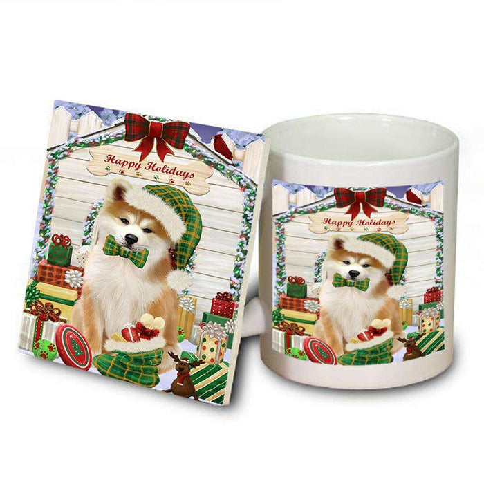 Happy Holidays Christmas Akita Dog With Presents Mug and Coaster Set MUC52611