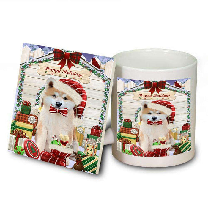 Happy Holidays Christmas Akita Dog With Presents Mug and Coaster Set MUC52612