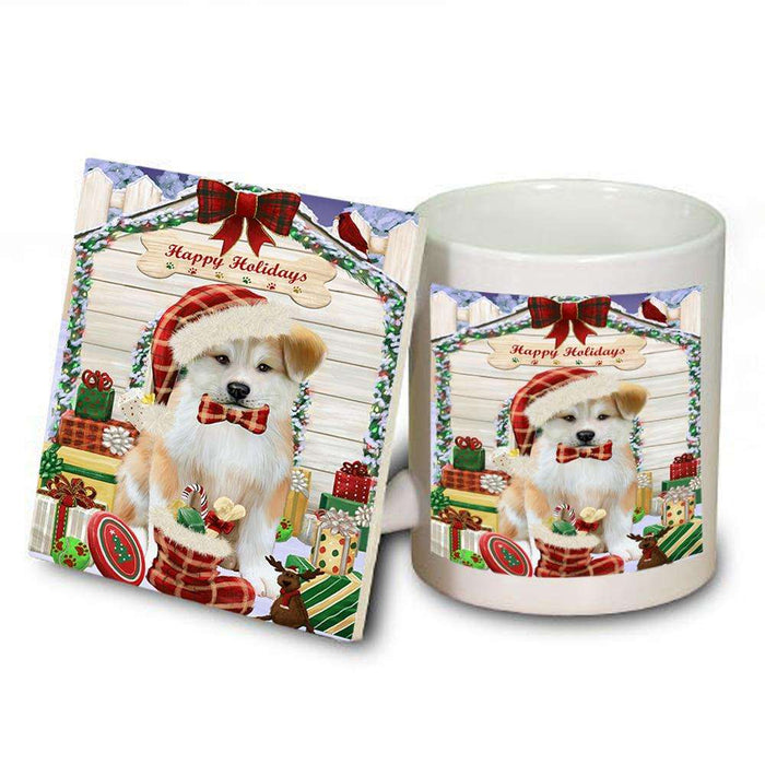Happy Holidays Christmas Akita Dog With Presents Mug and Coaster Set MUC52613