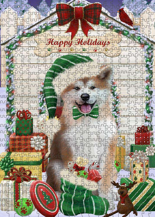 Happy Holidays Christmas Akita Dog With Presents Puzzle with Photo Tin PUZL61785