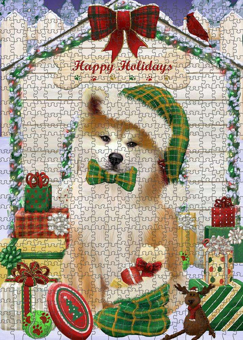Happy Holidays Christmas Akita Dog With Presents Puzzle with Photo Tin PUZL61788