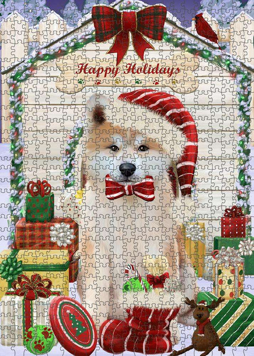 Happy Holidays Christmas Akita Dog With Presents Puzzle with Photo Tin PUZL61791