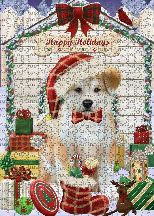 Happy Holidays Christmas Akita Dog With Presents Puzzle with Photo Tin PUZL61794