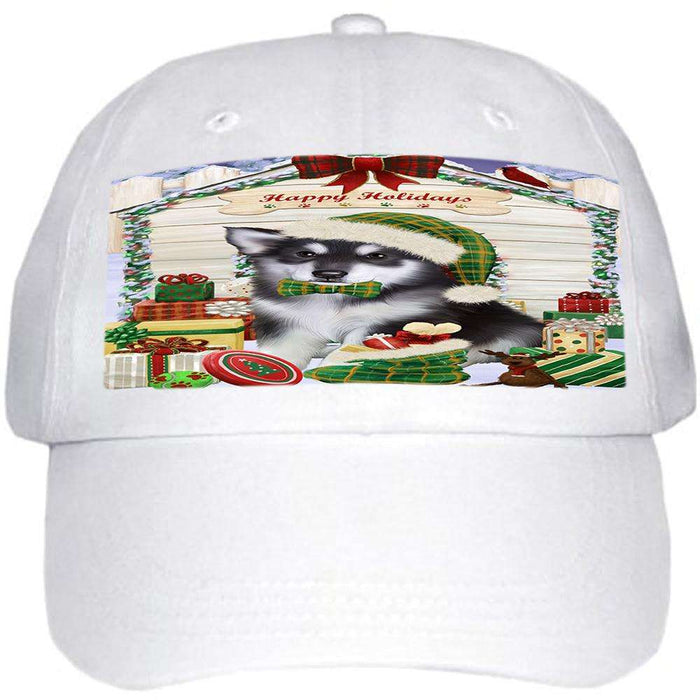 Happy Holidays Christmas Alaskan Malamute Dog House with Presents Ball Hat Cap HAT57633