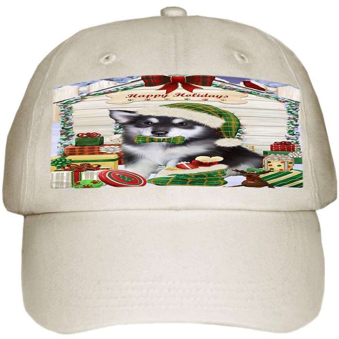 Happy Holidays Christmas Alaskan Malamute Dog House with Presents Ball Hat Cap HAT57633