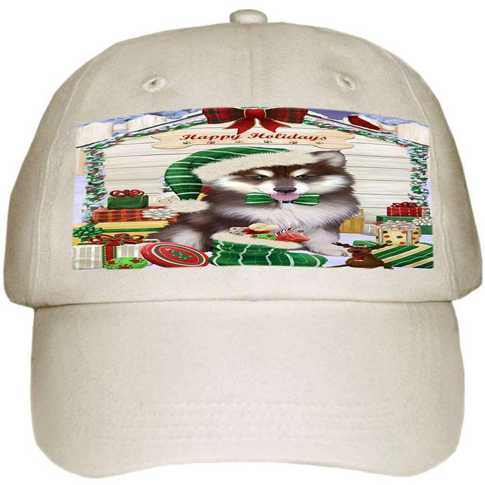 Happy Holidays Christmas Alaskan Malamute Dog House with Presents Ball Hat Cap HAT57636