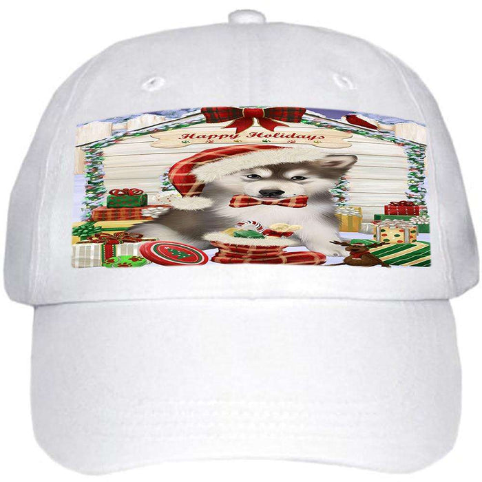 Happy Holidays Christmas Alaskan Malamute Dog House with Presents Ball Hat Cap HAT57639