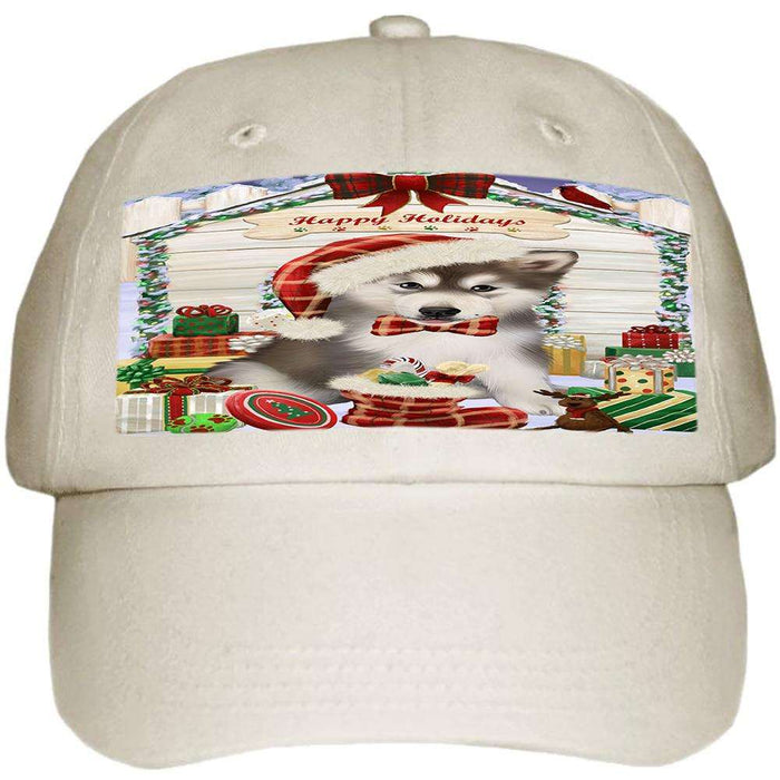 Happy Holidays Christmas Alaskan Malamute Dog House with Presents Ball Hat Cap HAT57639