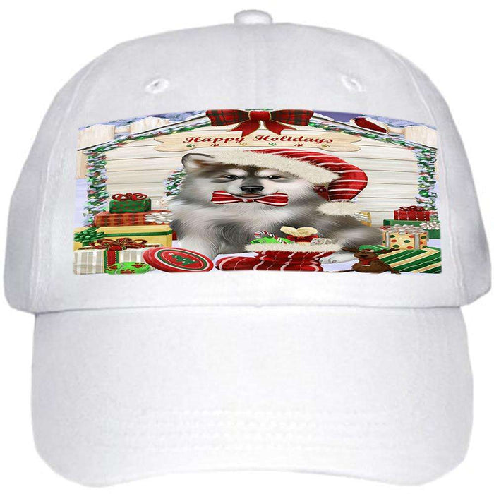 Happy Holidays Christmas Alaskan Malamute Dog House with Presents Ball Hat Cap HAT57642