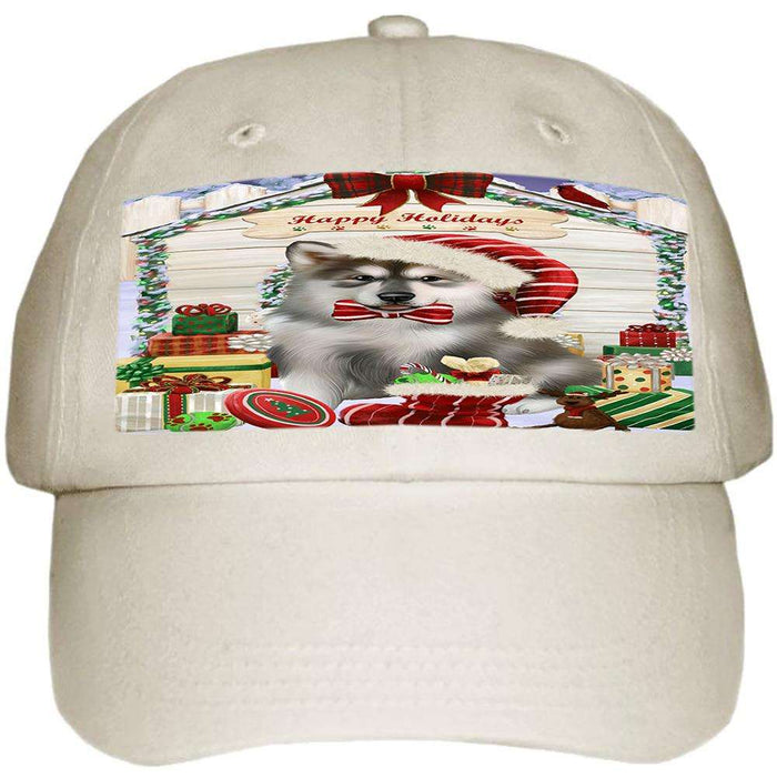 Happy Holidays Christmas Alaskan Malamute Dog House with Presents Ball Hat Cap HAT57642