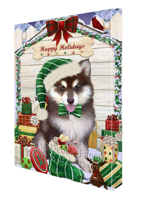 Happy Holidays Christmas Alaskan Malamute Dog House with Presents Canvas Print Wall Art Décor CVS78299