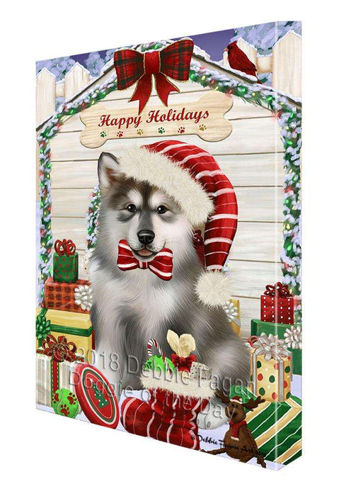 Happy Holidays Christmas Alaskan Malamute Dog House with Presents Canvas Print Wall Art Décor CVS78317