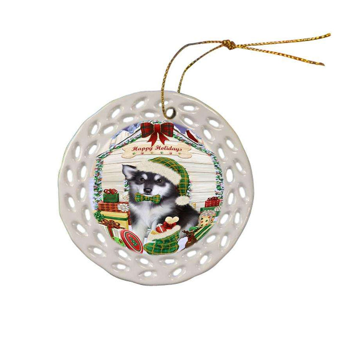 Happy Holidays Christmas Alaskan Malamute Dog House with Presents Ceramic Doily Ornament DPOR51300