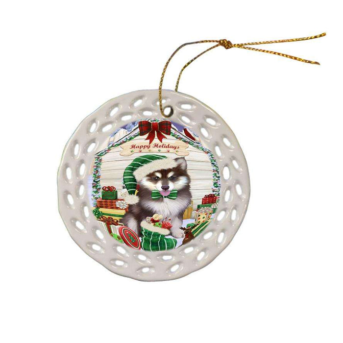 Happy Holidays Christmas Alaskan Malamute Dog House with Presents Ceramic Doily Ornament DPOR51301