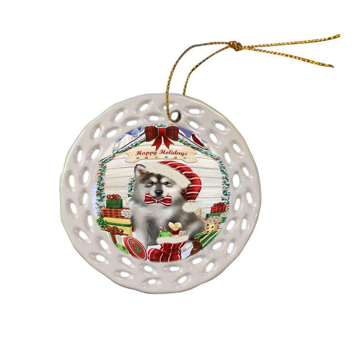 Happy Holidays Christmas Alaskan Malamute Dog House with Presents Ceramic Doily Ornament DPOR51303