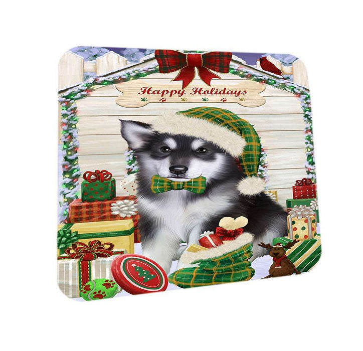 Happy Holidays Christmas Alaskan Malamute Dog House with Presents Coasters Set of 4 CST51259