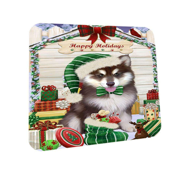 Happy Holidays Christmas Alaskan Malamute Dog House with Presents Coasters Set of 4 CST51260