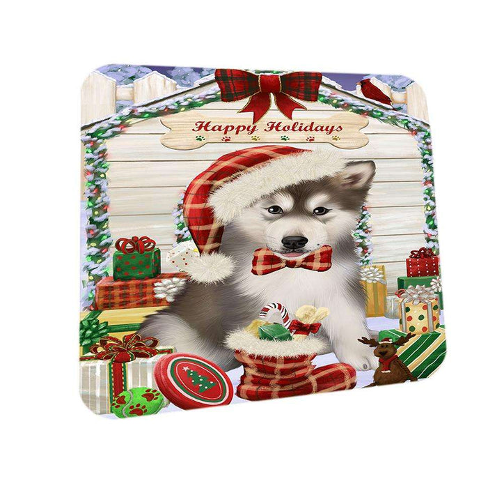 Happy Holidays Christmas Alaskan Malamute Dog House with Presents Coasters Set of 4 CST51261